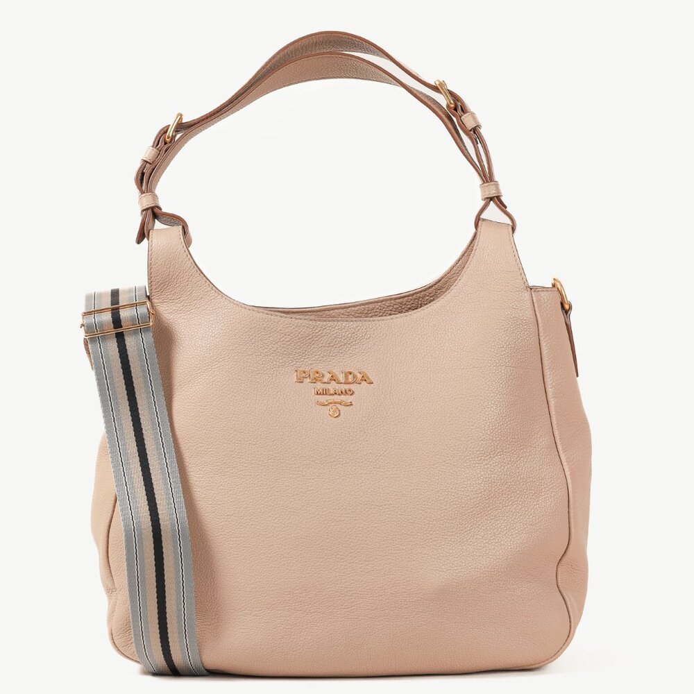 Prada Cammeo Vitello Daino Striped-Crossbody-Strap Hobo